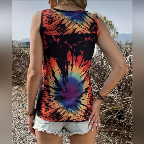Vibrant Splash of Colors Tie dye split neck tank top mixed colors W-625 - Picture 2 of 16